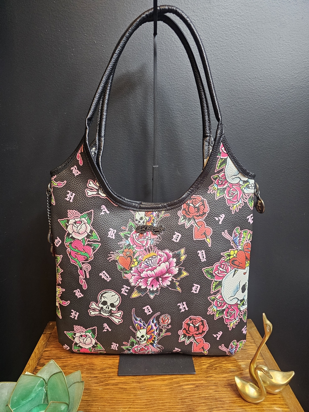 Ed Hardy Black Shoulder Bag with Pink, Red & Green Tattoo Floral Print